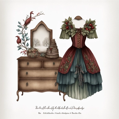 dark academia, christmas dresser, fairytale, folk art, watercolor, white background, clipart