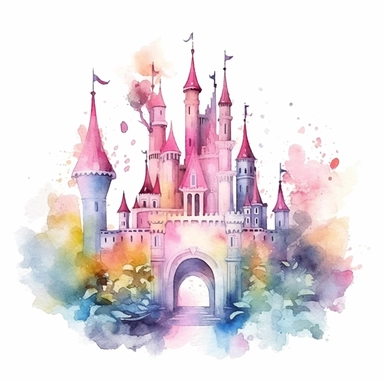 Whimsical watercolor fantasy castle clipart, painted in dreamy pastel hues, its towers and battlements appearing as if they were woven from the colors of the sky, each brushstroke capturing the magical essence of the castle, surrounded by mystical landscapes and fantastical creatures, invoking a sense of wonder and imagination, perfect for creating enchanting and whimsical designs, Illustration, detailed, 4k