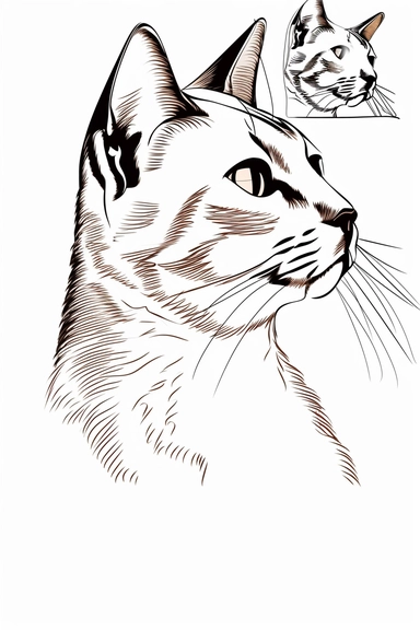 chat assis de face corps entier, contour de la silhouette au trait fin croquis simple une ligne, clipart vector logo, style Leonardo da vinci, fond blanc