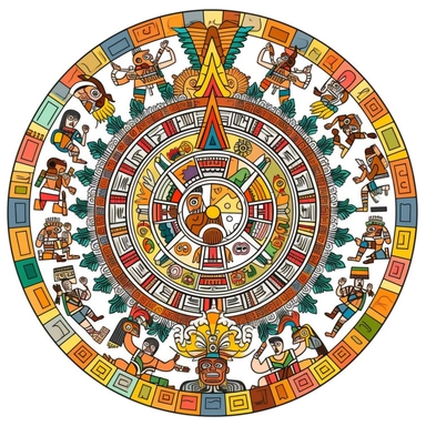 Aztec Calendar, cartoon style art, classic 2D vector art with white background, high detail, clean lines, solid white background, clipart, clip art, bright colors