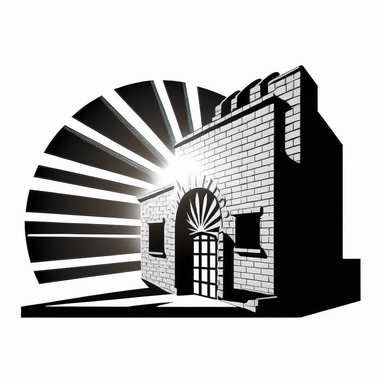 very simple logo, a sun casting a shadow on a small brick building, black and white, corporate clipart style logo