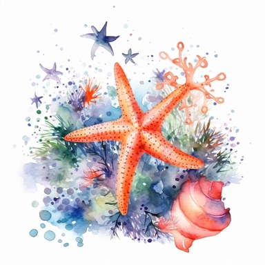 watercolor, watersplash, a whimsical starfisf,corals clipart, hd, on white background