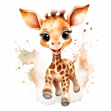 adorable watercolour running baby giraffe cartoon, smiling with big eyes, childrens clipart, white background