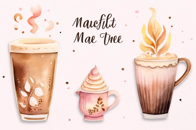 minimalistic clipart set five watercolor clipart, latte, Cute kawaii sticker