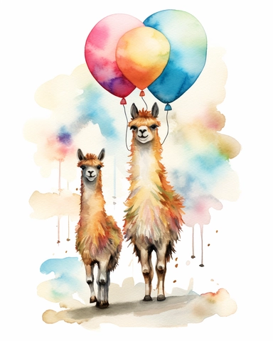 a cute watercolor clip art momma and baby llama floating on a plain white drop, 600 dpi,