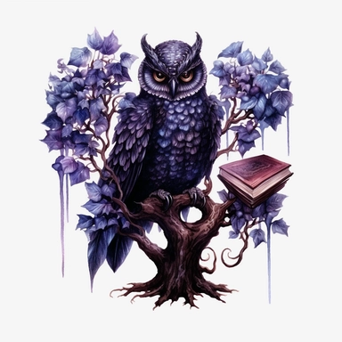 Watercolour dark fantasy black royal gothic deadly nightshade tree stood with dark magic books with deadly nightshade lanterns magnificent gothic owl stood on tree with mesmerising compelling features perfect magnificent detailed wings beautiful compelling realistic eyes PNG image ultra highly detailed, 18k, sharp focus, bright photo with rich colours digitally enhanced, enhanced graphics, straight, sharp focus, bright lighting, intricate detailed png image ,high definition,300dpi,graphic clipar