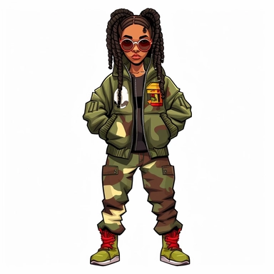 cartoon illustration of a cute black woman, with attitude, leaning with crossed arms, wearing camouflage pants and a green, yellow and red, jacket with red sunglasses, bantu knots hairstyle, clipart, white background