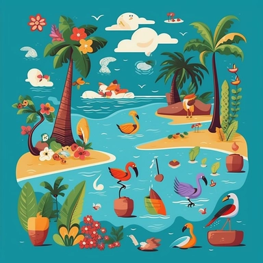 Create a collection of vector art and clipart inspired by a tropical island paradise. Design a vibrant and lively cartoon-style illustration in 2D that exudes the essence of a tropical getaway. Include elements such as palm trees swaying in the breeze, pristine white sandy beaches, crystal-clear turquoise waters, and a colorful coral reef. Incorporate playful characters like sunbathers, snorkelers, surfers, and tropical birds to bring the scene to life. Add details like coconuts, seashells, beac