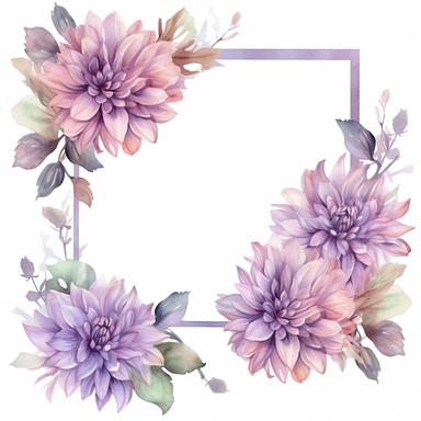 a floral frames made with Soft Purple and Pastel Purple Dahlia flowers, wet on dry watercolour style, antique look, clipart, white background