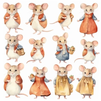 Watercolor Mouse in Dress, 25 Cute Mice Clipart, Animal Digital Prints