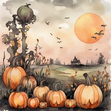 Watercolor pumpkin patch, harvest moon, scare crow, spooky, fantasy, magic, Fantasy Clipart, PNG Clipart, Illustration clipart, 4K, extremely detailed