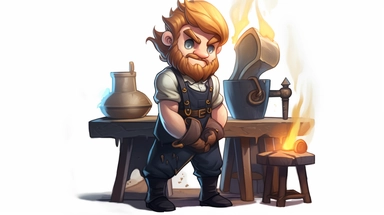 A blacksmith at work, beard, legs, shoes, standing, curly hair, blond hair, watercolor clipart, full illustration, 4k, sharp focus, watercolor, smooth soft skin, symmetry, soft lighting, detailed face, concept art, Watercolor style, strybk, kids style fairytale, chibi kawaii,. Octane rendering, 3d, perfect face, detailed face, delicate face, perfect sharp lips, detailed eyes. Craig Davison, Aubrey Beardsley, Conrad Roset, Aikut Aidogdu, Agnes Cecil, watercolor style