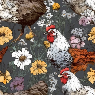 individual chickens with wildflowers, clipart, illustration, colorful sketch, vector