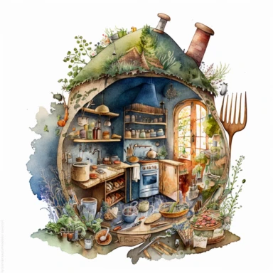 A hyper - detailed illustration watercolor clipart of a whimsical kitchen of a fairy house built out of natural materials by a human, complete kitchen utensil and kitchenware and foods in preparation watercolor illustration, illustration style a combination of Beatrix Potter and Tove Jansson, isolated on white background with margins, cut - out images, zoom on table , close up view