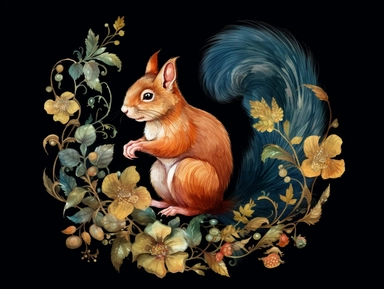 deep emerald gold watercolor Red squirrel with flowers plants clipart, golden metallic lines and some glitter, shining colors, dark background, 8k, high resolution