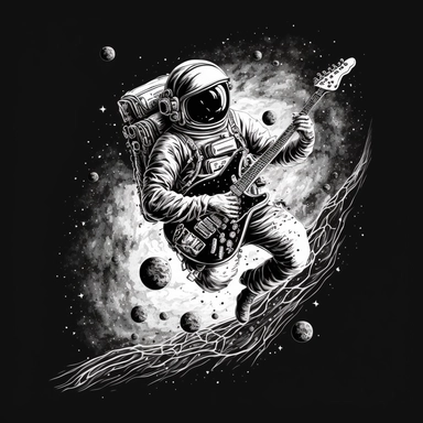 astronaut is flying through the space and plays on a guitar. Black and white, vector, Clipart, no background, Super sharp, bold outline, High quality, extrem detailed, Shirt Design