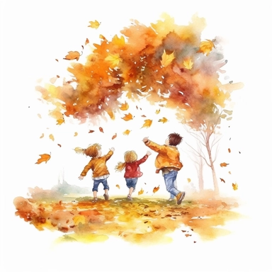 watercolor style, realistic autumn scenery, kids throwing leaves under the autumn tree, kids close up, clipart, isolated on white background, 4K