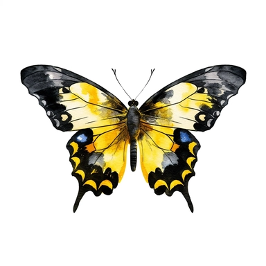 black and yellow butterly clipart, watercolor style, white isolated background, 4k, hdr