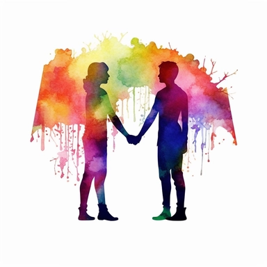 watercolor two rainbow silhouettes holding hands clip art