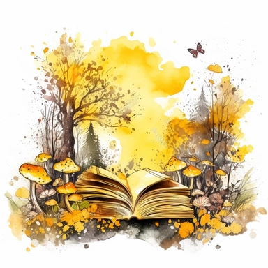 yellow watercolour image of magical forest coming out of a book clipart, vector image