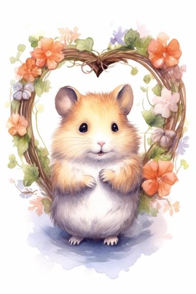 Create a watercolor clipart picture of an adorable hamster holding a heart, white background. The hamster should have a cute and happy expression, with its fur depicted in soft watercolor textures. Surround the hamster with small flowers and greenery, adding a whimsical touch to the scene.