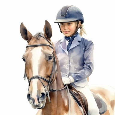 close up view of realistic watercolor drawing of an young equestrian on a horse stable, on a white background where the background will be removed to repurpose as a clipart.