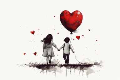 cute beutiful girl and boy holding hands, red half of the heart shape balloon geometric minimalist , valentine's day, top view, running in Tokyo, ink, Ghibli style, 8k, Leyka 35mm very detail clipart on white background space out 8k