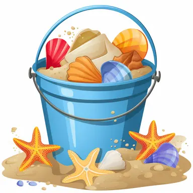 Clipart of a beach bucket filled with seashells and sand toys