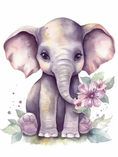 Watercolor clipart, baby elephant, cute and adorable, friendly face, storybook illustration, flat design, clearly defined, high quality clipart, HD