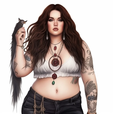 boho plus size woman, fair skin and dark hair, modern, semi-realistic, spiritual, witchy, clipart, fantasy, white background, high quality, beautifully accurate illustrations