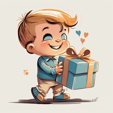 clipart style, little boy holding a closed present, he is happy and exited, with a smile on his face, use blue and salmon colors, high detail