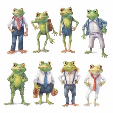 frog cartoon style, simple style, colored pencil hand drawn style, frog clipart, wearing different clothers, childrens book illustration style, cute, 10 different frog of the emotions