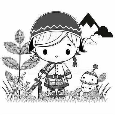 Landscape, simple, traditional costume, local food, animal, educational, history, and cultural diversity, clipart style, cute, picture book style, captivating, kid friendly cute character, black and white, coloring book, not color style, cartoon style, vector image, simple, line art style, character, white background