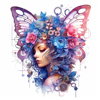 Amongst the petals of a giant flower, a radiant blue, pink, and purple steampunk pixie finds solace, her wings delicately resting against the soft petals. White background, intricate details, retro-futurism, watercolor clipart, hyper-realistic