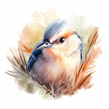 watercolor painting of a bird, looking at the camera, clipart, pastel color Illustration, 4k, sharp focus, Featured on grass, watercolor edge-smudging style, Octane rendering, watercolor style, flat vector