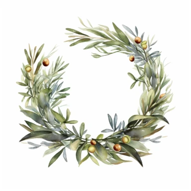 a watercolor olive wreath, earthy tones, naturecore, subtle yet expressive brushwork, lush detailing, raw materials, simple, clipart