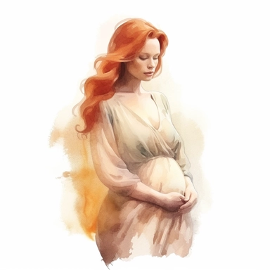 Watercolor drawing of a dreamy beautiful ginger pregnant woman, romantic watercolor clipart, white background, isolated on white, 8k, watercolor style