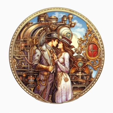In the opulent cabin of a steampunk train, adorned with brass accents and intricate gearwork, a couple's lips meet for their first kiss, the rhythmic chugging of the train echoing their growing love. Ultra high quality, intricate detail, retro-futurism, pastel clipart, white background