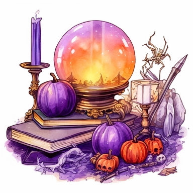 hand drawn glowing crystal ball sitting on a table with crystals, tarot cards, a wand, candles and a pumpkin, Halloween, purple and orange shades,fantasy, glamorous, , clipart style, detailed and realistic, watercolor, white background with margins