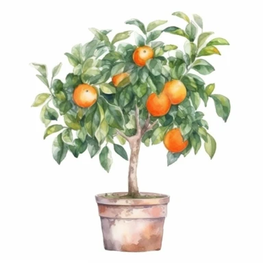 orange tree in a pot, watercolor clipart, minimalist, bright colors, isolated white background, 8k
