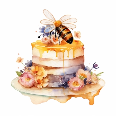 whimsical watercolour clip art individual cake decorated with bee, honey, beehive and honeycomb. The cake is on a cake stand