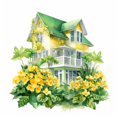 Begonia Beach House - This watercolor clipart from the Whimsical Botanical Dwellings collection captures a sunny beach house created entirely from Sunflower Yellow begonias and Fern Green leaves. The design is separated from the white background, emphasizing the cheerful yellow and vibrant green hues. This clipart piece adds a touch of summer sunshine to the collection.