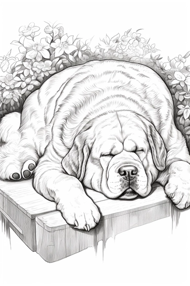 vintage line drawing style coloring page with no background of a happy beautiful dog peacefully sleeping in the backyard, line art, no shading, thick strong lines, adult coloring page clipart