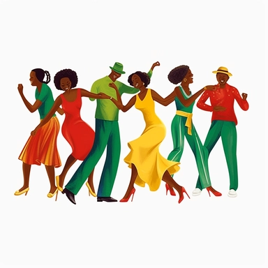 a group of black people jazz dancing, dressed in red, green and yellow, the sugar shack Ernie Barnes art, juneteeth clipart, watercolor art, faceless, minimalist clipart, white background