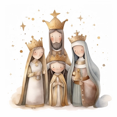 A watercolor painting of a cute nativity with 3 wise men holding gold, frankincense and myrrh, Christmas, cute detailed digital art, inspired by nicoletta ceccoli, by Kubisi art, whimsical and cute, by nicoletta ceccoli, cute detailed artwork, glimmering, adorable and whimsical, whimsical art, Clipart style, png style, svg style, blank white background, a solid white background