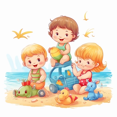 cute babies playing at the summer, family in background, summer time, no watermark, white background, clipart