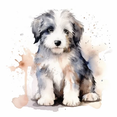 old english sheepdog puppy, watercolor illustration, clipart, white background