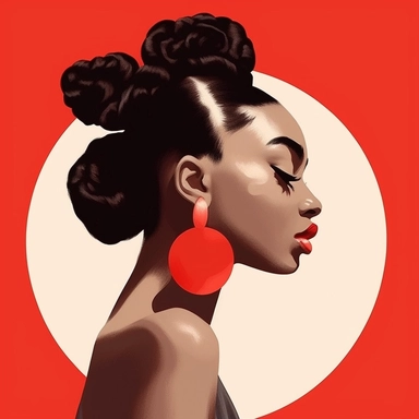 beautiful black woman facing forward , wavy hair in a ponytail with white Pearl hair clips on the side of hair slicked down, beautiful earrings, red lipstick, red circle behind her , niji art painting drawing illustration - Variations by <@1104832257438519377> (fast) - Image #2 <@1104832257438519377>