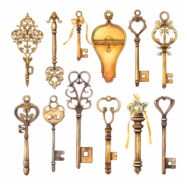 assorted gold keys inspired by Alice in wonderland watercolor illustration, design elements isolated on white background, vintage clip art - Image #4 <@1098423716465102849>