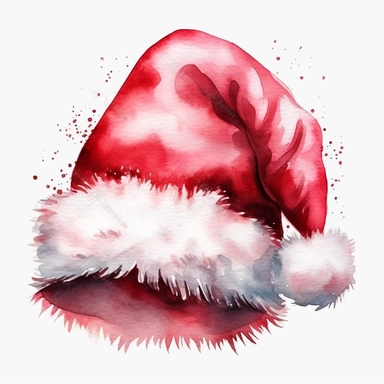 watercolor vintage unique realistic red and white fluffy santa hat, clipart, red color scheme, photorealistic, vector, on white background, hd